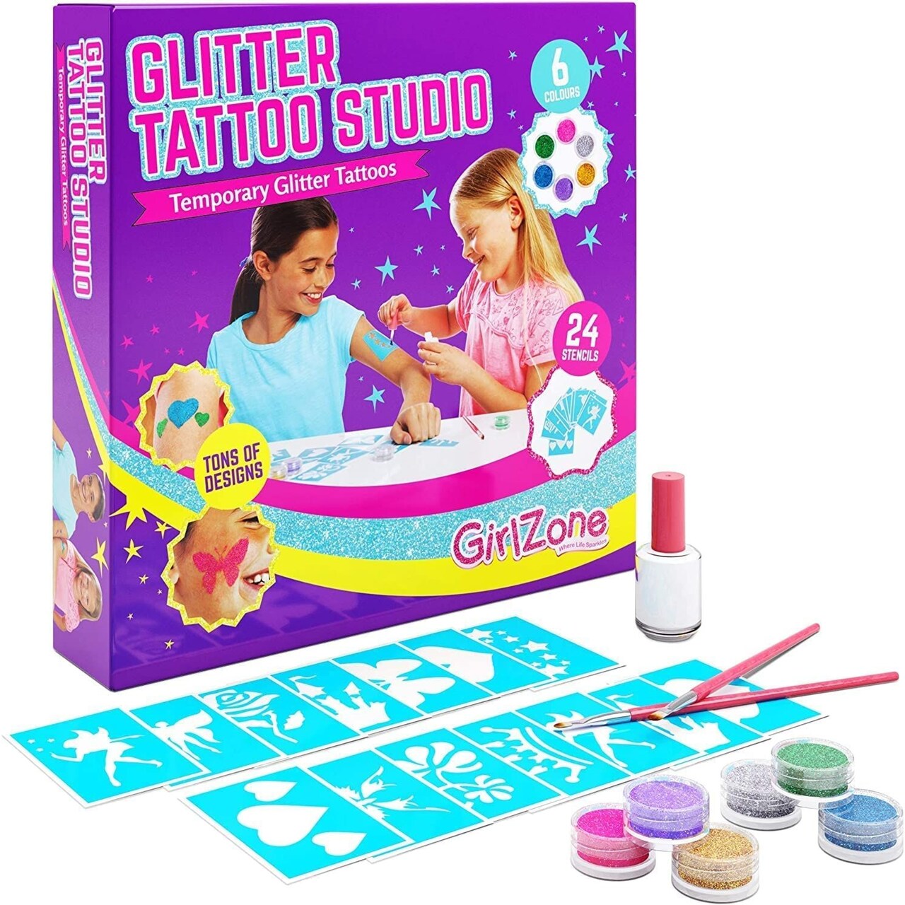 GirlZone 33 Fun Pieces Glitter Tattoo for Kids, Face & Skin-Friendly, Includes 24 Stencil Designs, 6 Colorful Cosmetic Glitters, 2 Brushes & 1 Body Adhesive, For Ages 3+